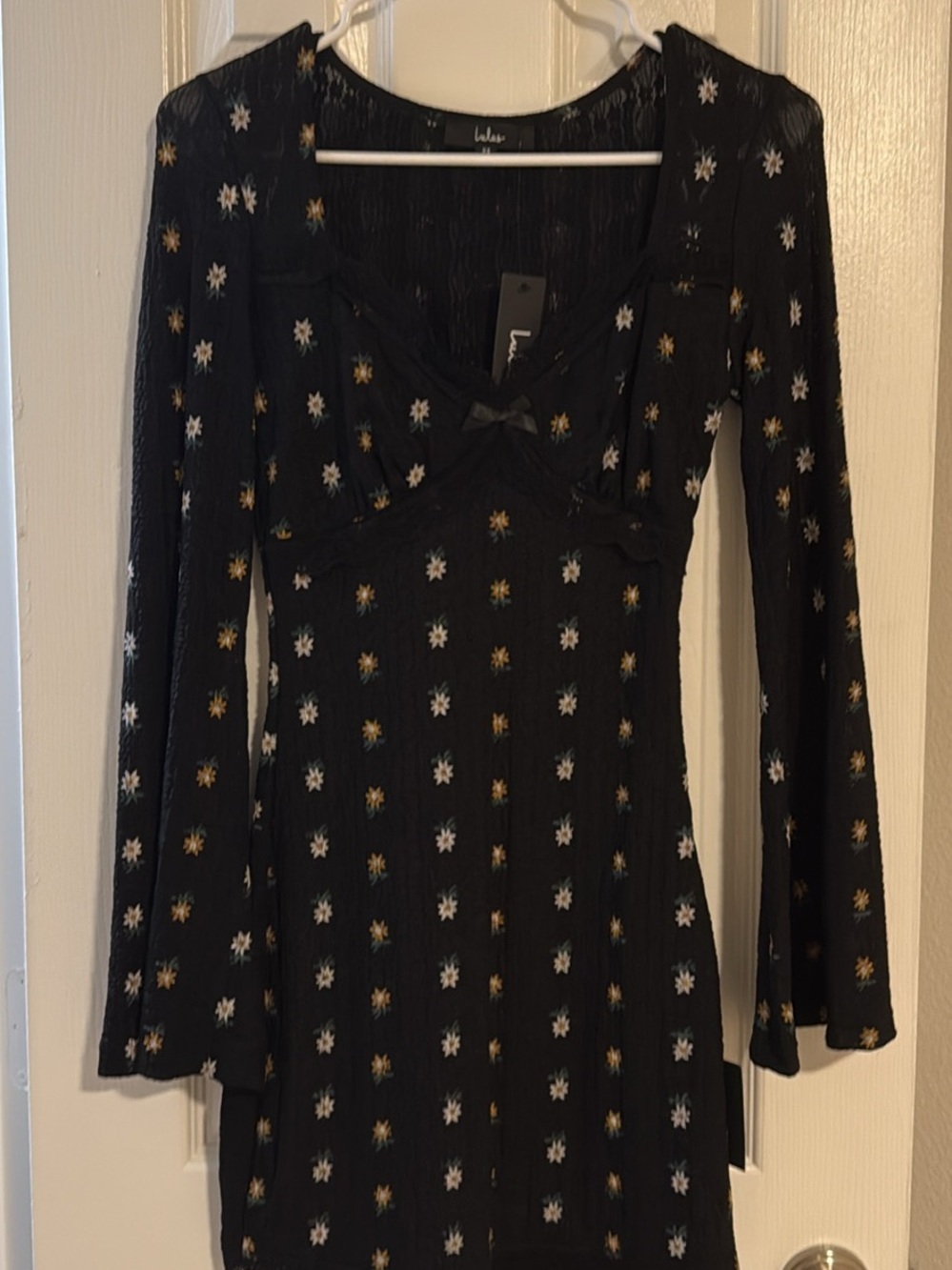 Lulu's Black Long-Sleeve Floral-Star Knit Dress